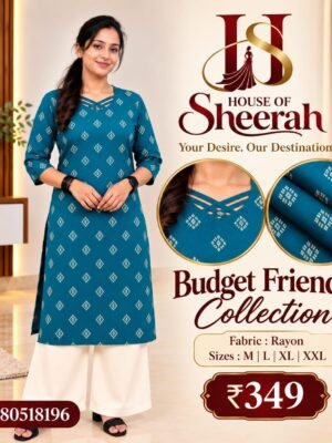 Teal Blue Geometric Print Rayon Kurti