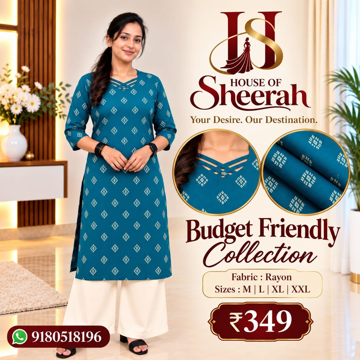 Teal Blue Geometric Print Rayon Kurti