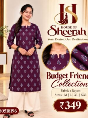 Plum Purple Leaf Print Rayon Kurti