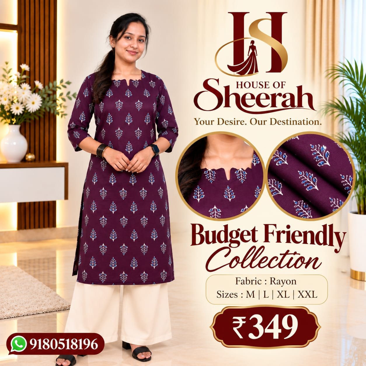 Plum Purple Leaf Print Rayon Kurti