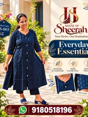Navy Blue Floral Print Button-Front Kurti