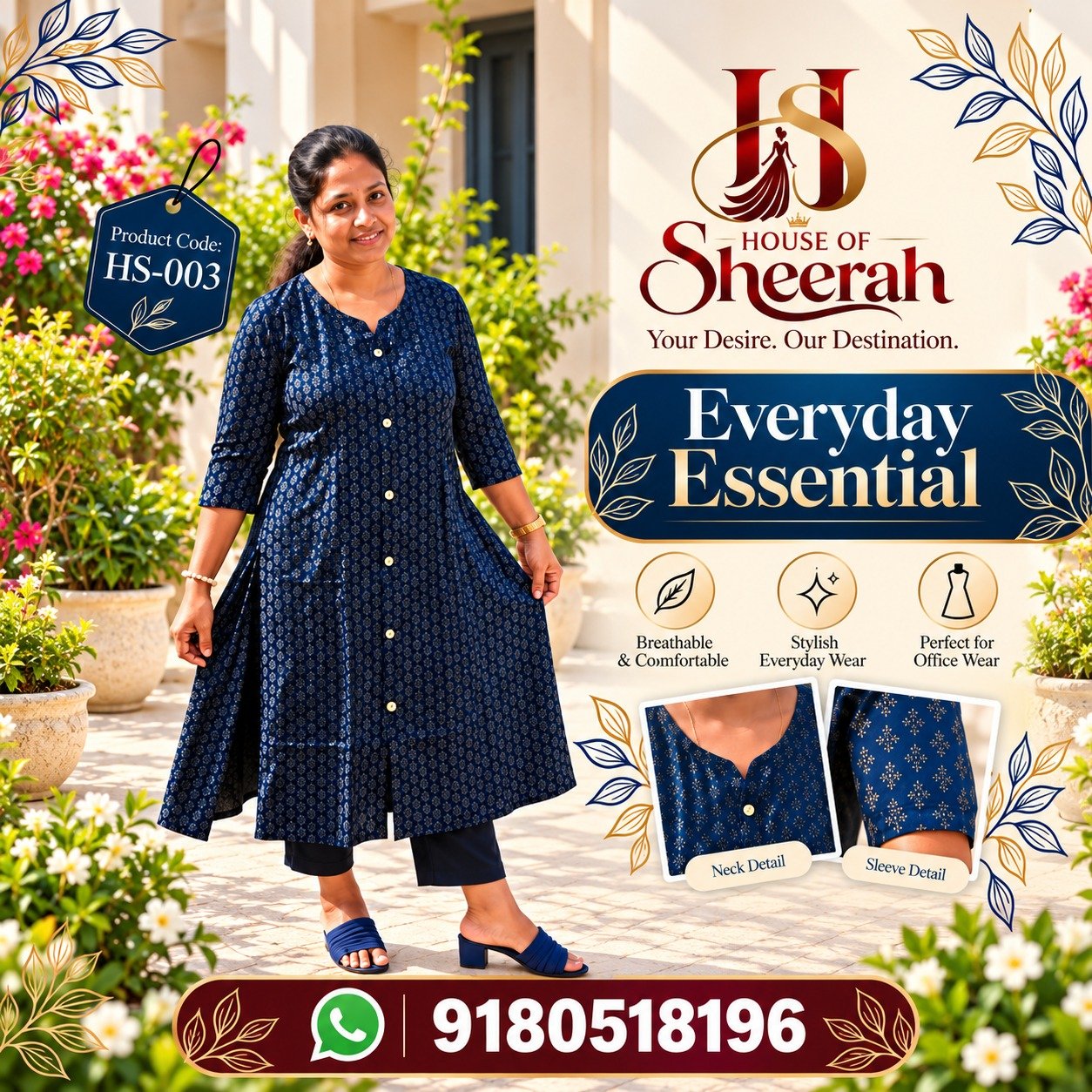 Navy Blue Floral Print Button-Front Kurti