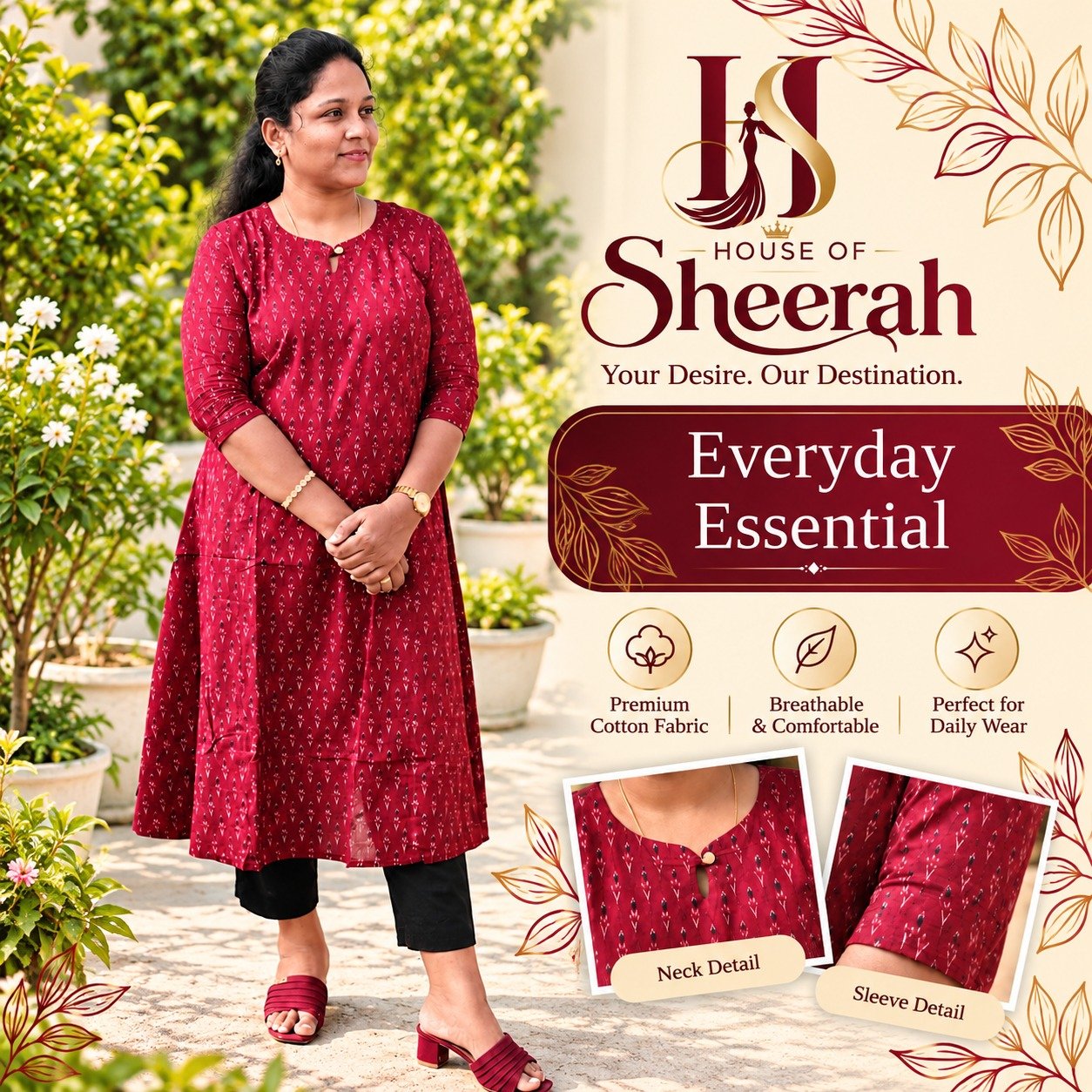 Maroon Printed Cotton Everyday Kurti