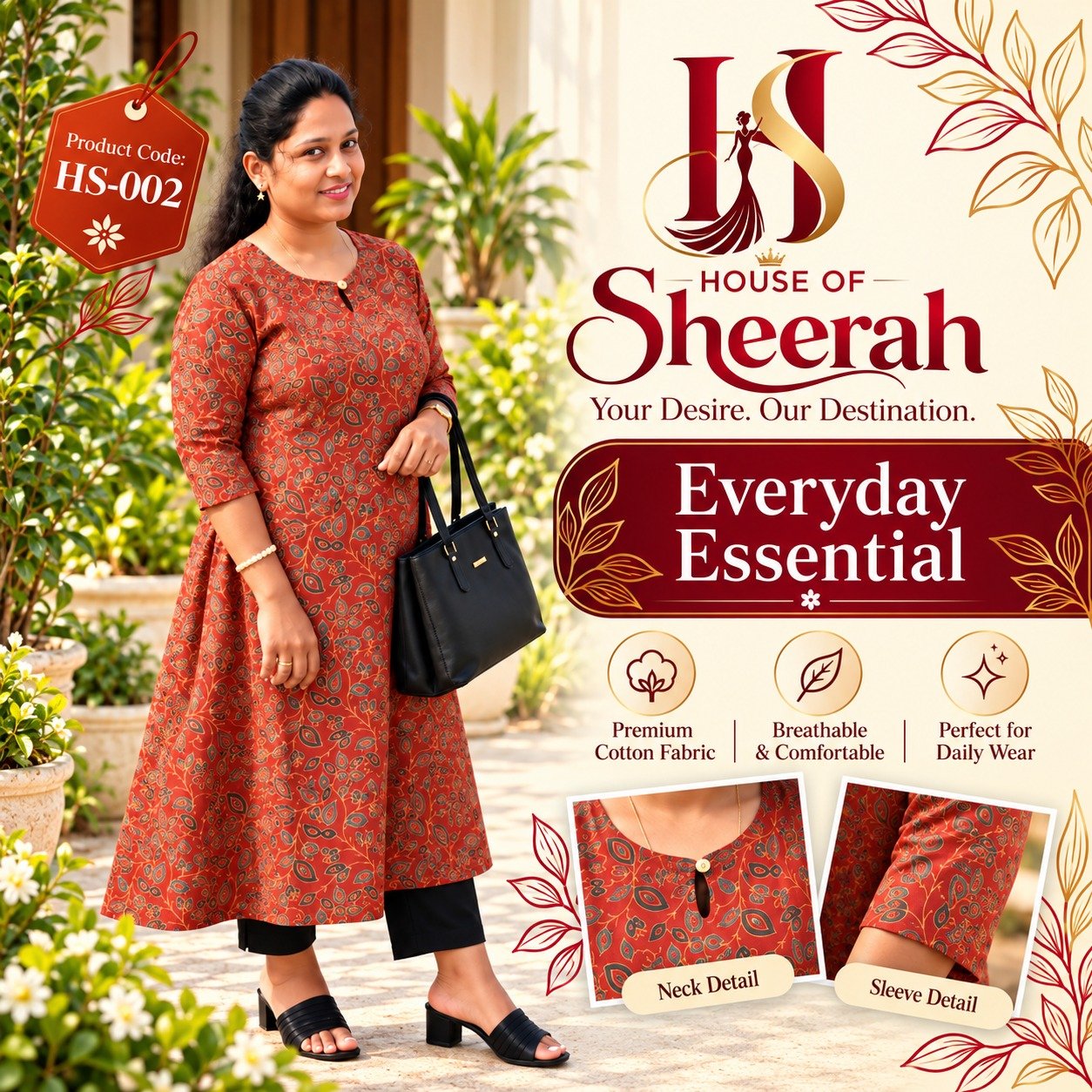 Rust Orange Paisley Print Cotton Kurti