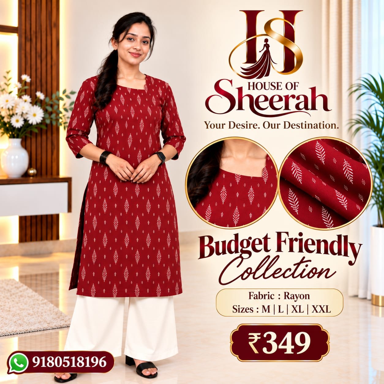 Maroon Rayon Printed Straight Kurti