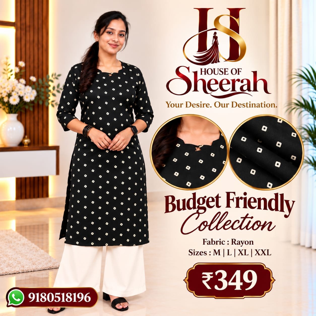 Black Geometric Print Rayon Kurti