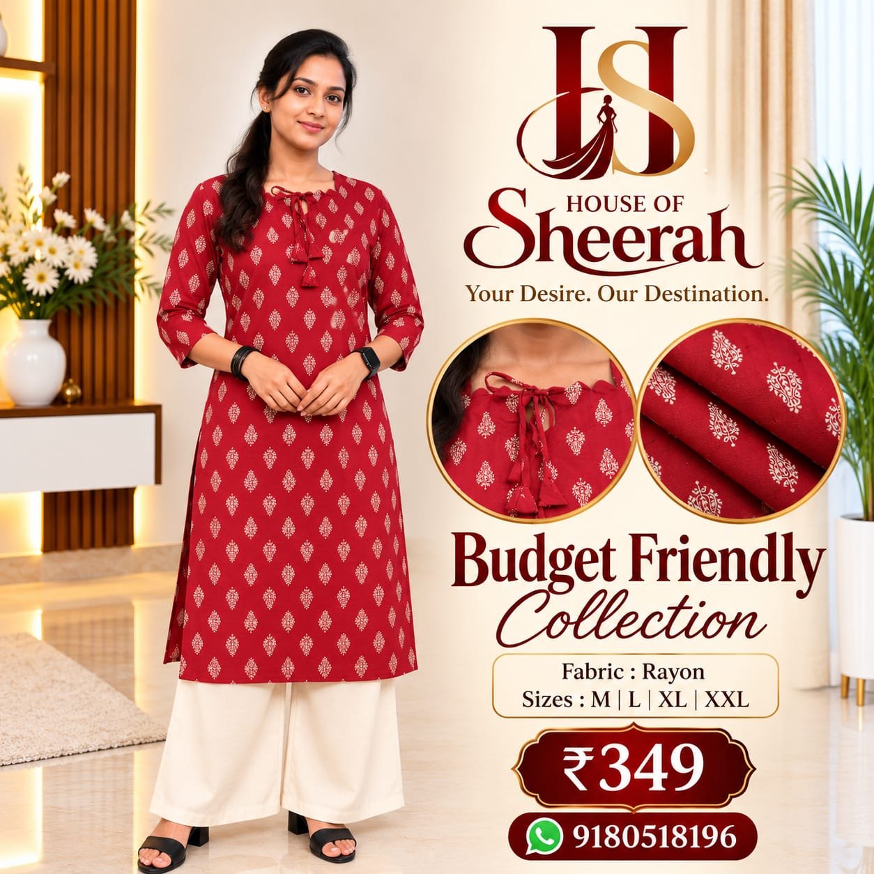 Deep Red Ethnic Print Rayon Kurti